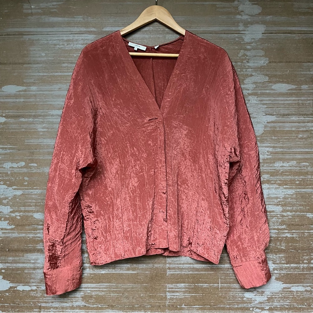 Vince Rust Red Crushed Satin V-Neck Blouse